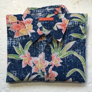 Tori Richard Button Up Hawaiian Shirt XL Blue Floral Long Sleeve Cotton Spandex